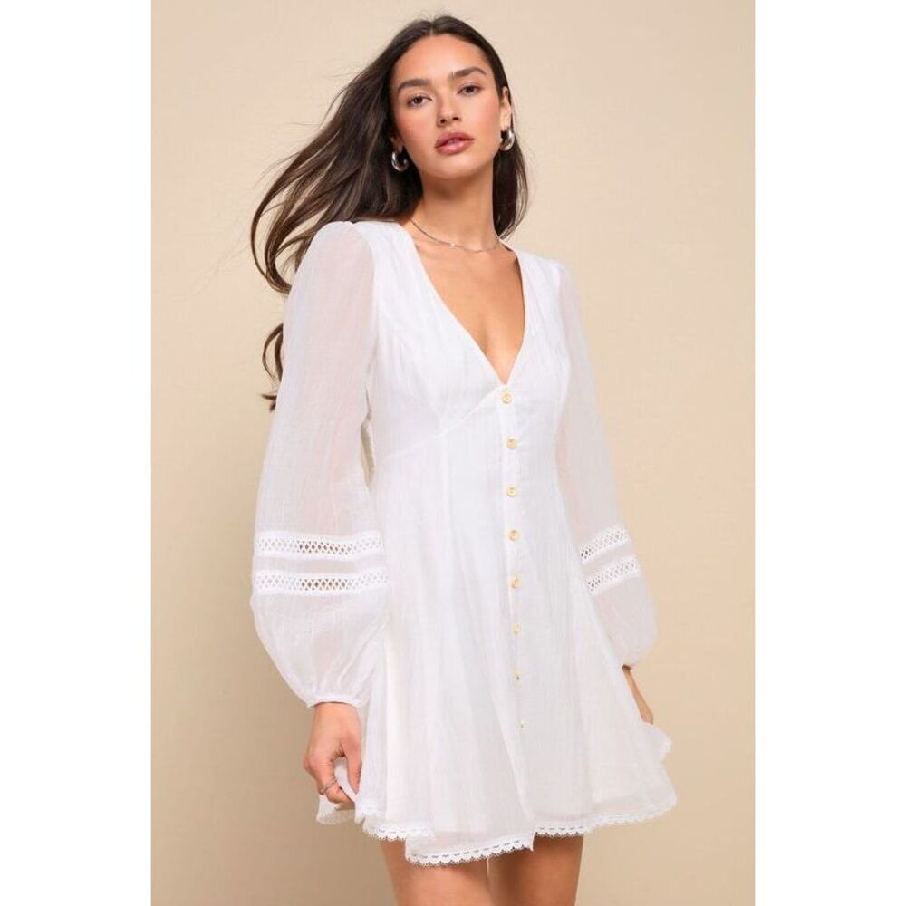 Lulus Strolling Sweetie White Crochet Button-front Mini Dress - Size M